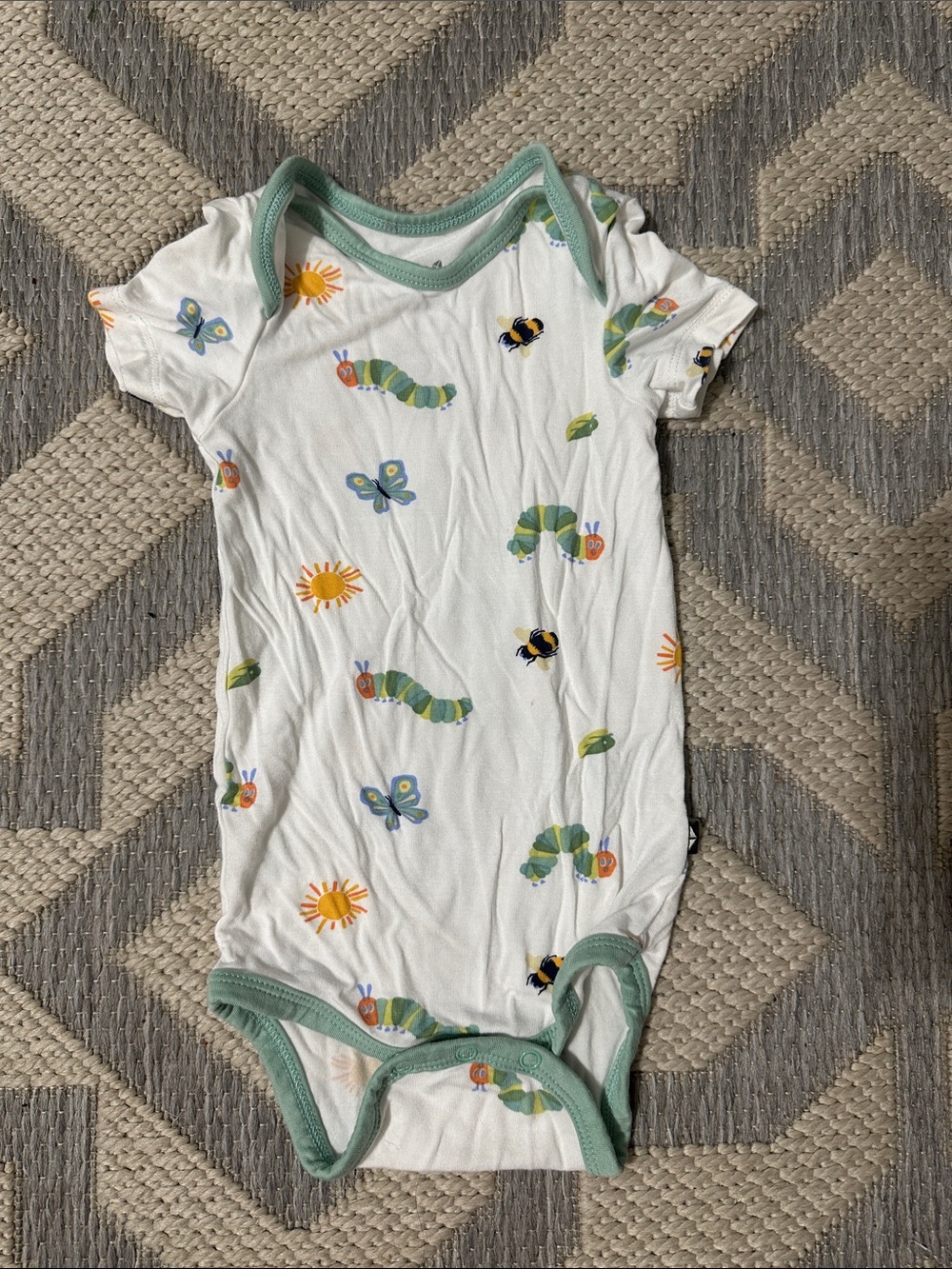 Kyte BABY White One-Piece with Mint Trim and Cute Insect Prints